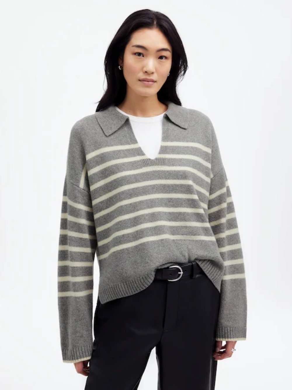 Madewell *BROWN STRIPE* Cashmere-Wool Blend Polo Sweater XS